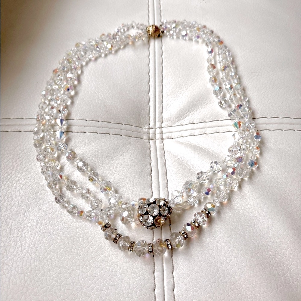 Vintage 50’s Crystal Aurora Borealis Triple Strand Necklace made in Austria